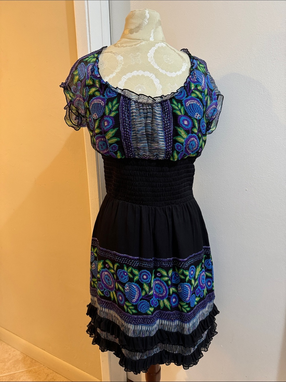 Ana Sui Silk Floral Striped Ruffled Off Shoulder Sheer Lined Midi Dress M 6